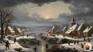 Europäisches Dorf unter harten Winterbedingungen während der Kleinen Eiszeit, das Bauern bei der Ressourcensammlung und Gemeinschaftsaktivitäten auf gefrorenen Gewässern zeigt - www.myrty.eu