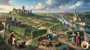 Panoramaansicht einer blühenden europäischen Landschaft während des Mittelalterlichen Klimaoptimums mit erweiterter Landwirtschaft, Weinbergen in nördlichen Regionen und wohlhabenden Siedlungen unter günstigen Klimabedingungen - www.myrty.eu