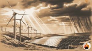Moderne Windkraftanlagen und Solarpanels unter dramatischen Wetterbedingungen mit Gewitterwolken und Sonnenstrahlen - www.myrty.eu