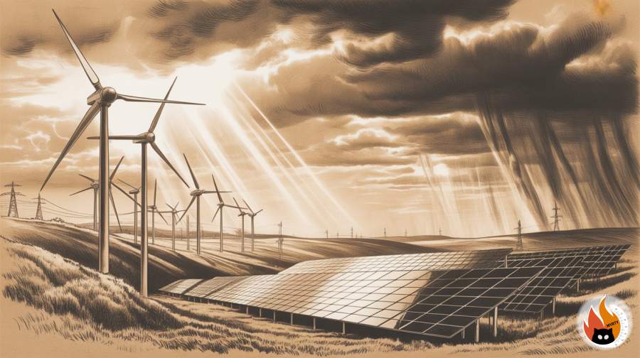 Moderne Windkraftanlagen und Solarpanels unter dramatischen Wetterbedingungen mit Gewitterwolken und Sonnenstrahlen - www.myrty.eu