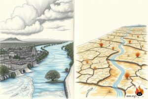 Künstlerische Skizze: Überschwemmungen und Trockenheit in europäischen Landschaften, www.myrty.eu - www.myrty.eu