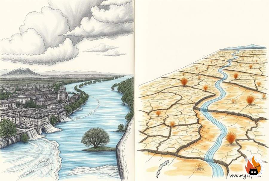 Künstlerische Skizze: Überschwemmungen und Trockenheit in europäischen Landschaften, www.myrty.eu - www.myrty.eu