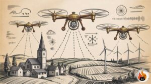 Futuristisches Netzwerk von autonomen Meteorologie-Drohnen über städtischer Landschaft mit Datenvisualisierung und Wettervorhersage-Technologie - www.myrty.eu