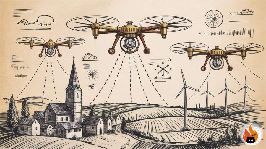 Futuristisches Netzwerk von autonomen Meteorologie-Drohnen über städtischer Landschaft mit Datenvisualisierung und Wettervorhersage-Technologie - www.myrty.eu