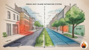 Illustration einer nachhaltigen Stadtplanung mit Kühlungseffekten durch Wassermanagementsysteme und Begrünung, www.myrty.eu - www.myrty.eu