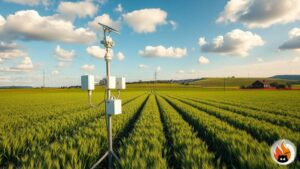 Moderne Wetterstation auf einem grünen Feld mit Sensoren und Solarpanel, umgeben von Getreide und blauem Himmel mit Wolken - www.myrty.eu
