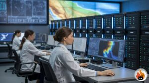 Moderner Supercomputer für numerische Wettervorhersage mit komplexen Datenvisualisierungen und Atmosphärenmodellen auf mehreren Bildschirmen - www.myrty.eu