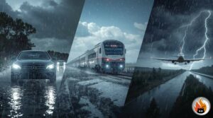 Verschiedene Verkehrsmittel bei unterschiedlichen Wetterbedingungen - Auto im Regen, Zug im Schnee, Flugzeug bei Sturm - www.myrty.eu