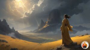 Eine Frau in traditioneller Kleidung blickt zum stürmischen Himmel empor, während moderne Wettersatelliten im Hintergrund zu sehen sind - symbolisiert den Kontrast zwischen spirituellen Wetterpraktiken und wissenschaftlicher Meteorologie - www.myrty.eu