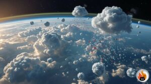 Mikroskopische Ansicht von Wassertröpfchen, die sich in der Atmosphäre bilden und kondensieren, mit sichtbaren Kondensationskernen und Dampfmolekülen - www.myrty.eu