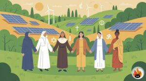 Diverse Gruppe von Glaubensgemeinschaften verschiedener Religionen, die gemeinsam in einem Kreis stehen und Hände halten, umgeben von grüner Natur und Solarpanels, symbolisiert Einheit im Klimaschutz durch Glauben - www.myrty.eu